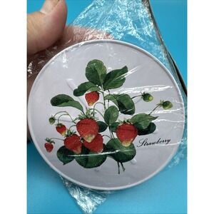Vintage Strawberries Drink Coasters Metal & Cork New Old Stock Set 4 Japan 70s